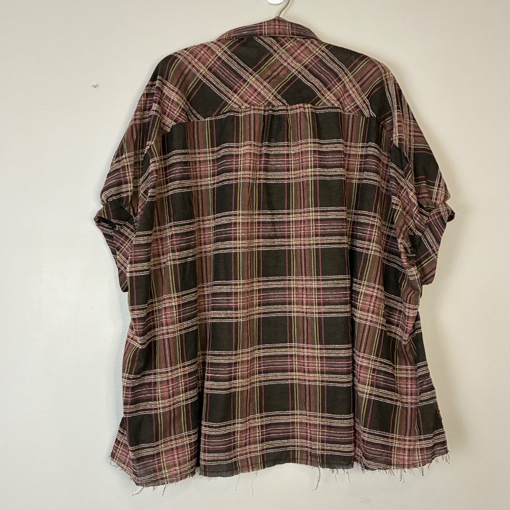 UMGEE Women‎ Plaid Button Up Shirt Oversized Short Sleeve Frayed Hem Size S - Picture 5 of 9
